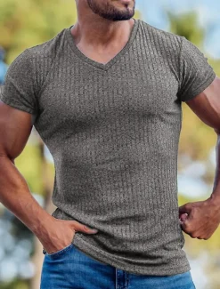 New OUKU Men's T Shirt Muscle Shirt Ribbed Knit tee Short Sleeves V Neck Summer Plain Fashion Streetwear Cool Outdoor Sport Going out Black White Red Top Tee for Men