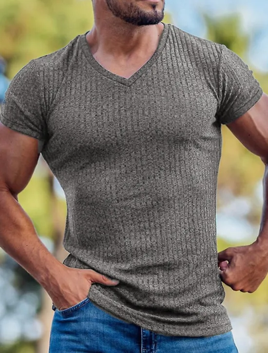 New OUKU Men's T Shirt Muscle Shirt Ribbed Knit tee Short Sleeves V Neck Summer Plain Fashion Streetwear Cool Outdoor Sport Going out Black White Red Top Tee for Men