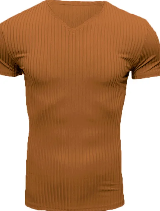 New OUKU Men's T Shirt Muscle Shirt Ribbed Knit tee Short Sleeves V Neck Summer Plain Fashion Streetwear Cool Outdoor Sport Going out Black White Red Top Tee for Men
