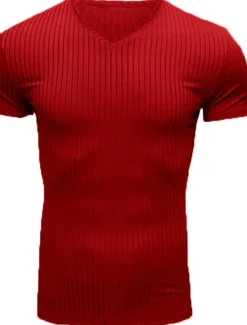 New OUKU Men's T Shirt Muscle Shirt Ribbed Knit tee Short Sleeves V Neck Summer Plain Fashion Streetwear Cool Outdoor Sport Going out Black White Red Top Tee for Men