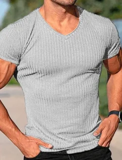 New OUKU Men's T Shirt Muscle Shirt Ribbed Knit tee Short Sleeves V Neck Summer Plain Fashion Streetwear Cool Outdoor Sport Going out Black White Red Top Tee for Men