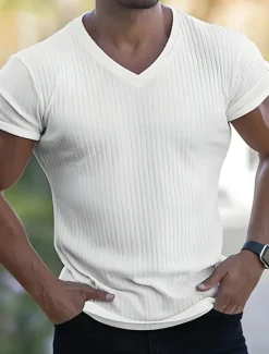 New OUKU Men's T Shirt Muscle Shirt Ribbed Knit tee Short Sleeves V Neck Summer Plain Fashion Streetwear Cool Outdoor Sport Going out Black White Red Top Tee for Men