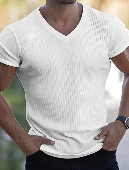 New OUKU Men's T Shirt Muscle Shirt Ribbed Knit tee Short Sleeves V Neck Summer Plain Fashion Streetwear Cool Outdoor Sport Going out Black White Red Top Tee for Men
