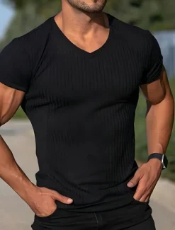 New OUKU Men's T Shirt Muscle Shirt Ribbed Knit tee Short Sleeves V Neck Summer Plain Fashion Streetwear Cool Outdoor Sport Going out Black White Red Top Tee for Men