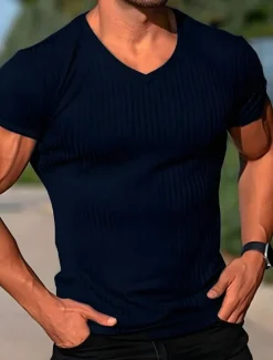 New OUKU Men's T Shirt Muscle Shirt Ribbed Knit tee Short Sleeves V Neck Summer Plain Fashion Streetwear Cool Outdoor Sport Going out Black White Red Top Tee for Men
