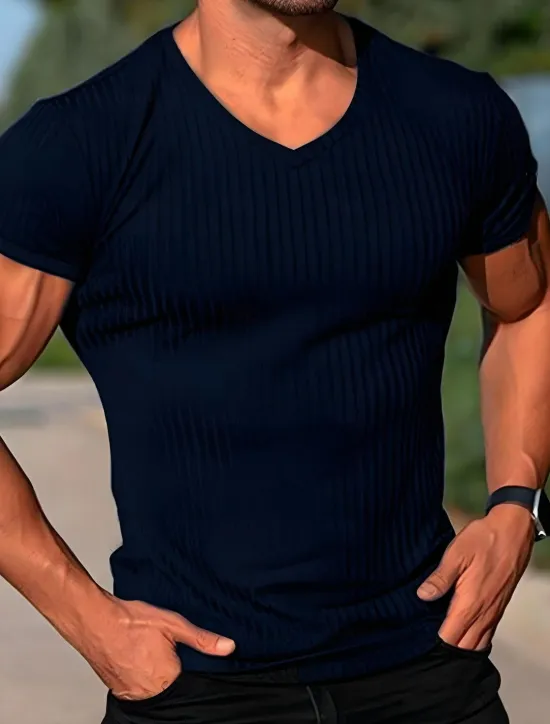 New OUKU Men's T Shirt Muscle Shirt Ribbed Knit tee Short Sleeves V Neck Summer Plain Fashion Streetwear Cool Outdoor Sport Going out Black White Red Top Tee for Men
