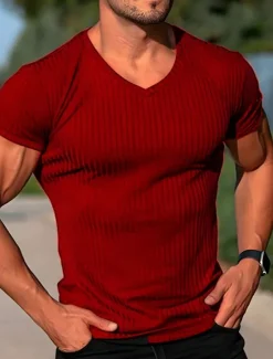 New OUKU Men's T Shirt Muscle Shirt Ribbed Knit tee Short Sleeves V Neck Summer Plain Fashion Streetwear Cool Outdoor Sport Going out Black White Red Top Tee for Men
