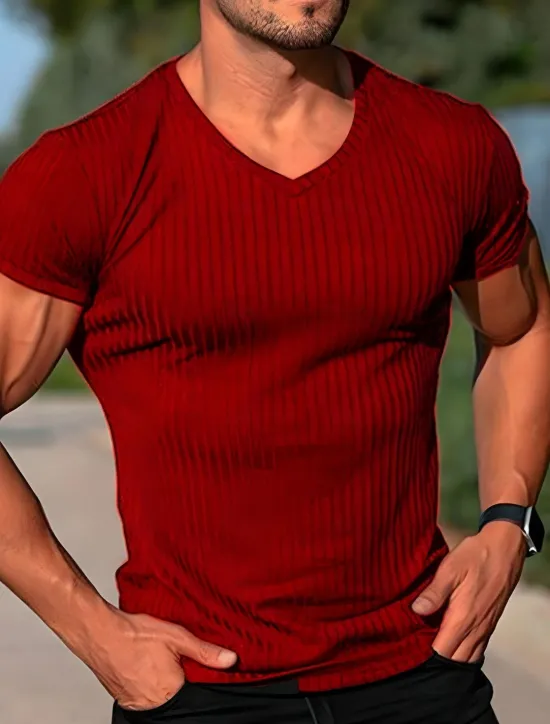 New OUKU Men's T Shirt Muscle Shirt Ribbed Knit tee Short Sleeves V Neck Summer Plain Fashion Streetwear Cool Outdoor Sport Going out Black White Red Top Tee for Men