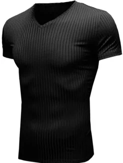 New OUKU Men's T Shirt Muscle Shirt Ribbed Knit tee Short Sleeves V Neck Summer Plain Fashion Streetwear Cool Outdoor Sport Going out Black White Red Top Tee for Men