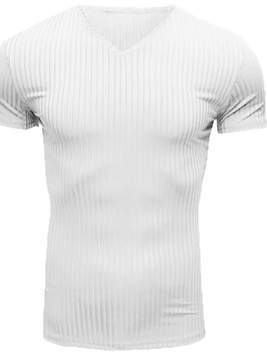 New OUKU Men's T Shirt Muscle Shirt Ribbed Knit tee Short Sleeves V Neck Summer Plain Fashion Streetwear Cool Outdoor Sport Going out Black White Red Top Tee for Men