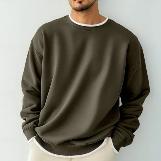 Best OUKU Men's T Shirt Oversized Shirt Tee Top Long Sleeve Shirt Long Sleeve Crew Neck Spring & Fall Solid Color Daily Casual Street Style Fake two piece Rib Hem Outdoor Street Causal Black Gray Wine Top Tee