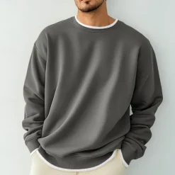 Best OUKU Men's T Shirt Oversized Shirt Tee Top Long Sleeve Shirt Long Sleeve Crew Neck Spring & Fall Solid Color Daily Casual Street Style Fake two piece Rib Hem Outdoor Street Causal Black Gray Wine Top Tee