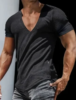 Online OUKU Men's T Shirt Rib Knit Top Ribbed Knit tee Short Sleeves V Neck Summer Plain Designer Basic Modern Contemporary Vacation Street Going out Black White Grey Top Tee for Men