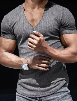Online OUKU Men's T Shirt Rib Knit Top Ribbed Knit tee Short Sleeves V Neck Summer Plain Designer Basic Modern Contemporary Vacation Street Going out Black White Grey Top Tee for Men