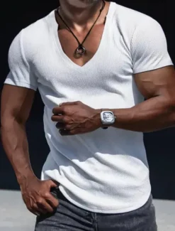 Online OUKU Men's T Shirt Rib Knit Top Ribbed Knit tee Short Sleeves V Neck Summer Plain Designer Basic Modern Contemporary Vacation Street Going out Black White Grey Top Tee for Men