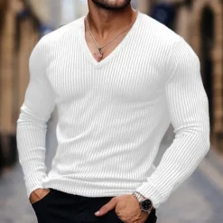 Sale OUKU Men's T Shirt Ribbed Knit tee Tee Top Long Sleeve V Neck Summer Plain Pit Strip Fashion Designer Basic V Neck Vacation Street Going out Black White Top Tee for Men