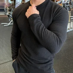 Online OUKU Men's T Shirt Ribbed Knit tee Long Sleeve Crewneck Solid Color Traditional / Vintage Knitted Outdoor Home Sports & Outdoor Dark Grey Black Blue Top Tee for Men