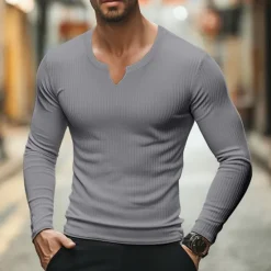 Hot OUKU Men's T Shirt Ribbed Knit tee Tee Top Long Sleeve Shirt Long Sleeve V Neck Summer Spring & Fall Plain Pit Strip Fashion Designer Basic Ribbed Vacation Street Going out Light Blue Black Pink Top Tee