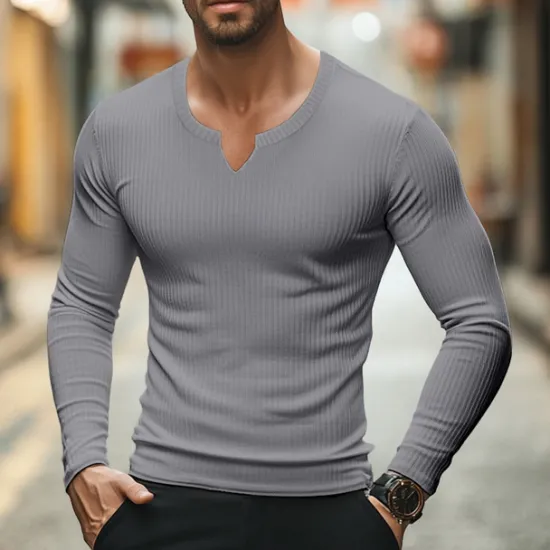 Hot OUKU Men's T Shirt Ribbed Knit tee Tee Top Long Sleeve Shirt Long Sleeve V Neck Summer Spring & Fall Plain Pit Strip Fashion Designer Basic Ribbed Vacation Street Going out Light Blue Black Pink Top Tee