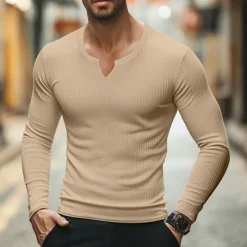 Hot OUKU Men's T Shirt Ribbed Knit tee Tee Top Long Sleeve Shirt Long Sleeve V Neck Summer Spring & Fall Plain Pit Strip Fashion Designer Basic Ribbed Vacation Street Going out Light Blue Black Pink Top Tee