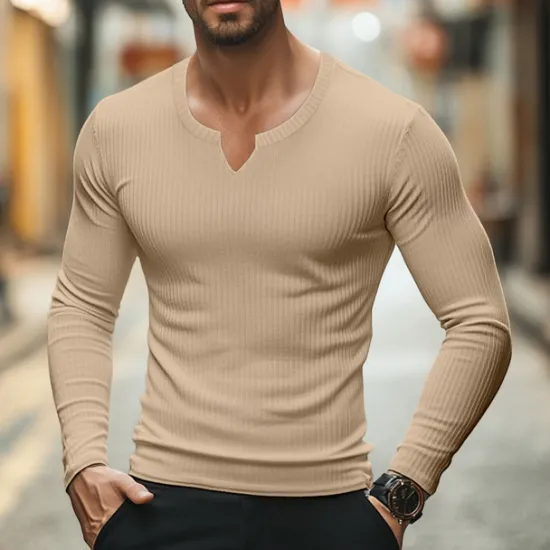 Hot OUKU Men's T Shirt Ribbed Knit tee Tee Top Long Sleeve Shirt Long Sleeve V Neck Summer Spring & Fall Plain Pit Strip Fashion Designer Basic Ribbed Vacation Street Going out Light Blue Black Pink Top Tee