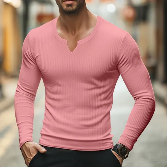 Hot OUKU Men's T Shirt Ribbed Knit tee Tee Top Long Sleeve Shirt Long Sleeve V Neck Summer Spring & Fall Plain Pit Strip Fashion Designer Basic Ribbed Vacation Street Going out Light Blue Black Pink Top Tee