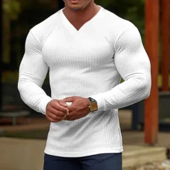 Outlet OUKU Men's T Shirt Ribbed Knit tee Tee Top Long Sleeve V Neck Summer Plain Pit Strip Fashion Designer Basic Vacation Street Going out Wine Black White Top Tee for Men