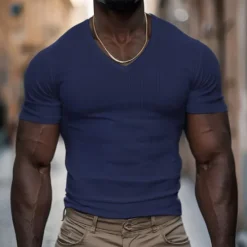 Sale OUKU Men's T Shirt Ribbed Knit tee Tee Top Short Sleeves V Neck Summer Plain Pit Strip Fashion Designer Basic Buttons Vacation Street Going out Black White Navy Blue Top Tee for Men