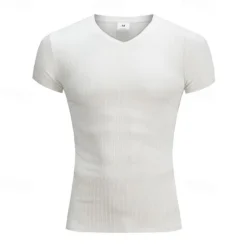 Sale OUKU Men's T Shirt Ribbed Knit tee Tee Top Short Sleeves V Neck Summer Plain Pit Strip Fashion Designer Basic Buttons Vacation Street Going out Black White Navy Blue Top Tee for Men