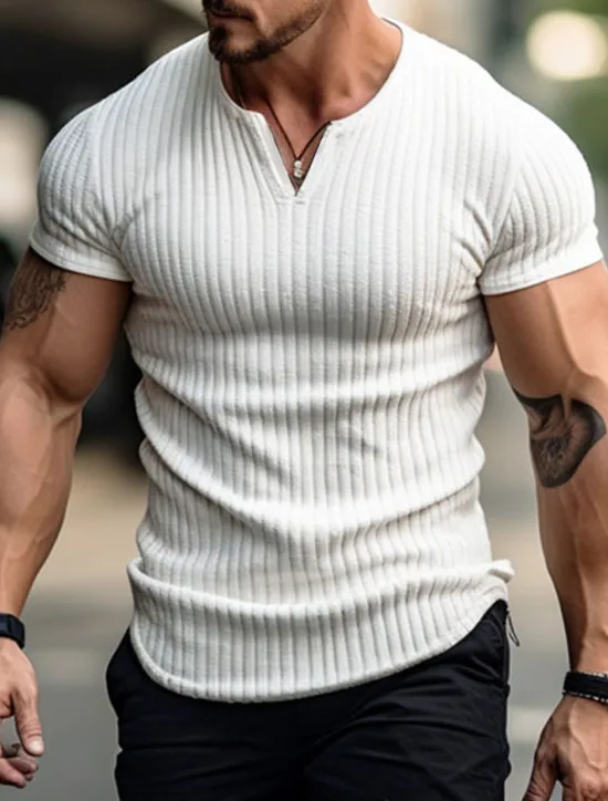 Best OUKU Men's T Shirt Ribbed Knit tee Tee Top Short Sleeves V Neck Summer Plain Pit Strip Fashion Designer Basic Vacation Street Going out Black White Khaki Top Tee for Men