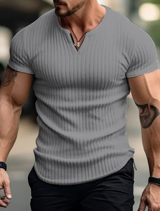 Best OUKU Men's T Shirt Ribbed Knit tee Tee Top Short Sleeves V Neck Summer Plain Pit Strip Fashion Designer Basic Vacation Street Going out Black White Khaki Top Tee for Men