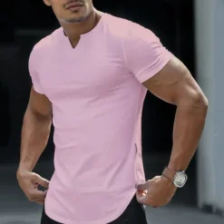 OUKU Men's T Shirt Short Sleeve V Neck Summer Plain Fashion Classic Comfortable Street Casual Sports Black White Pink Top Tee for Men
