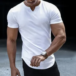 OUKU Men's T Shirt Short Sleeve V Neck Summer Plain Fashion Classic Comfortable Street Casual Sports Black White Pink Top Tee for Men