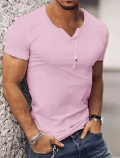 Discount OUKU Men's T Shirt Short Sleeves V Neck Summer Plain Streetwear Stylish Modern Style Vacation Going out Casual Daily Black White Pink Top Tee for Men
