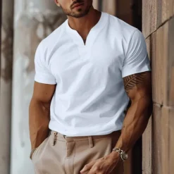 Online OUKU Men's T Shirt Short Sleeve Y Neck Summer Plain Sports Fashion Lightweight Classic Style Vacation Casual Holiday Light Blue Black White Top Tee for Men