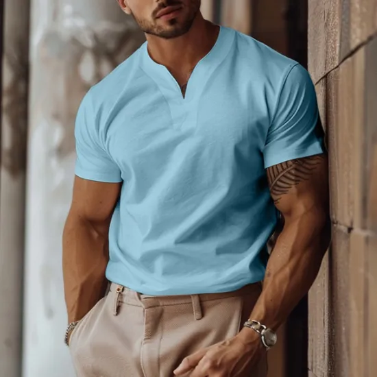 Online OUKU Men's T Shirt Short Sleeve Y Neck Summer Plain Sports Fashion Lightweight Classic Style Vacation Casual Holiday Light Blue Black White Top Tee for Men