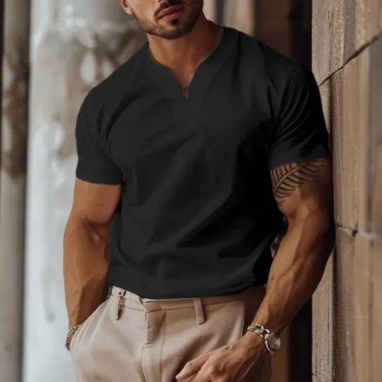 Online OUKU Men's T Shirt Short Sleeve Y Neck Summer Plain Sports Fashion Lightweight Classic Style Vacation Casual Holiday Light Blue Black White Top Tee for Men