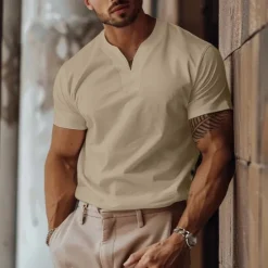 Online OUKU Men's T Shirt Short Sleeve Y Neck Summer Plain Sports Fashion Lightweight Classic Style Vacation Casual Holiday Light Blue Black White Top Tee for Men