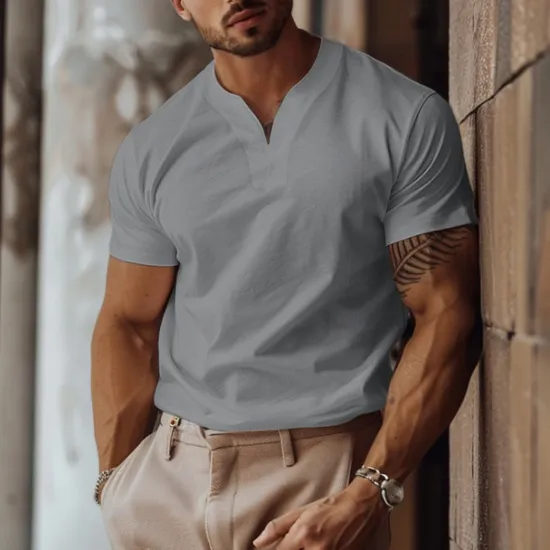 Online OUKU Men's T Shirt Short Sleeve Y Neck Summer Plain Sports Fashion Lightweight Classic Style Vacation Casual Holiday Light Blue Black White Top Tee for Men