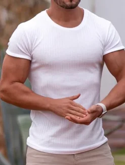 Hot OUKU Men's T Shirt Short Sleeves Crewneck Summer Pit Strip Fashion Basic Casual Vacation Going out Casual Daily Navy White Blue Top Tee for Men