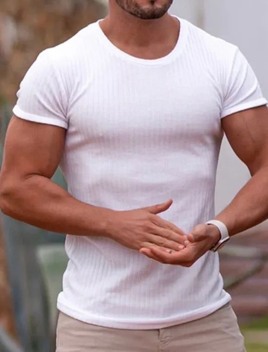 Hot OUKU Men's T Shirt Short Sleeves Crewneck Summer Pit Strip Fashion Basic Casual Vacation Going out Casual Daily Navy White Blue Top Tee for Men