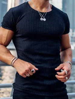 Hot OUKU Men's T Shirt Short Sleeves Crewneck Summer Pit Strip Fashion Basic Casual Vacation Going out Casual Daily Navy White Blue Top Tee for Men