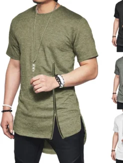 OUKU Men's T Shirt Short Sleeve Crew Neck Summer Plain Fashion Lightweight Muscle Zipper Asymmetric Vacation Casual Holiday Black White Top Tee for Men
