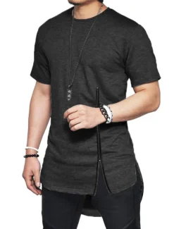 OUKU Men's T Shirt Short Sleeve Crew Neck Summer Plain Fashion Lightweight Muscle Zipper Asymmetric Vacation Casual Holiday Black White Top Tee for Men