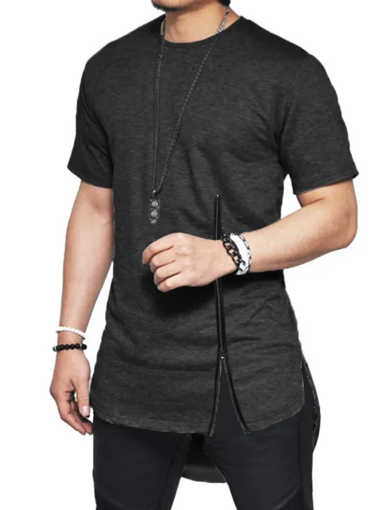 OUKU Men's T Shirt Short Sleeve Crew Neck Summer Plain Fashion Lightweight Muscle Zipper Asymmetric Vacation Casual Holiday Black White Top Tee for Men