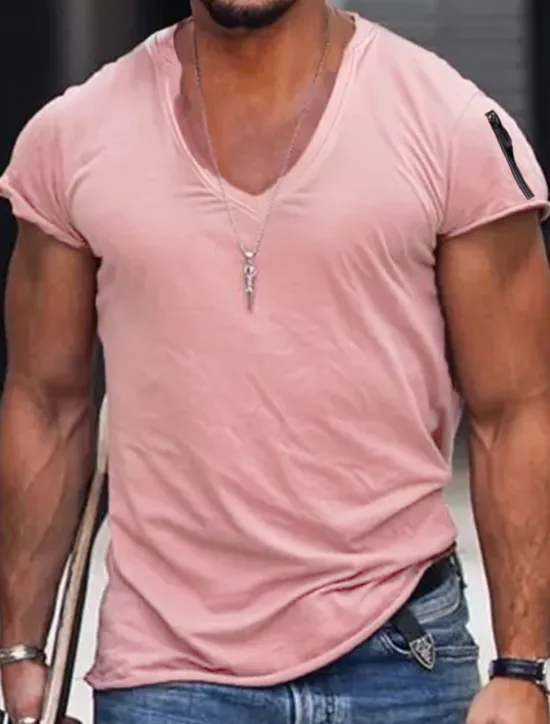 Hot OUKU Men's T Shirt Short Sleeve V Neck Spring & Summer Plain Fashion Streetwear Pink Sports & Outdoor Sport Going out Black White Pink Top Tee for Men