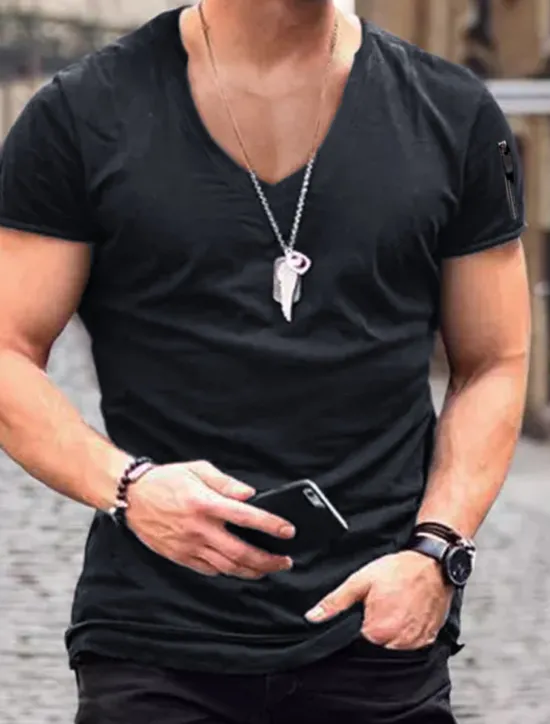 Hot OUKU Men's T Shirt Short Sleeve V Neck Spring & Summer Plain Fashion Streetwear Pink Sports & Outdoor Sport Going out Black White Pink Top Tee for Men