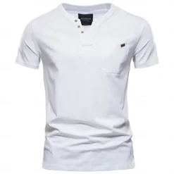 New OUKU Men's T Shirt Short Sleeve V Neck Summer All Seasons Solid Color Daily Casual Daily Casual Pocket V Neck Vacation Causal Casual Light Blue Black White Top Tee for Men