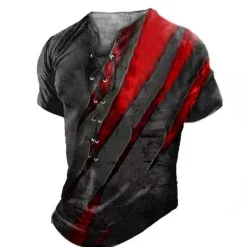 Hot OUKU Men's T Shirt Tee Graphic Color Block Collar Clothing Apparel 3D Print Casual Daily Sports Going out Short Sleeve Lace up Print Polyester Vintage Fashion Designer