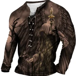 Sale OUKU Men's T shirt Tee Graphic Skulls Collar Clothing Apparel 3D Print Daily Going out Long Sleeve Lace up Print Fashion Designer Comfortable